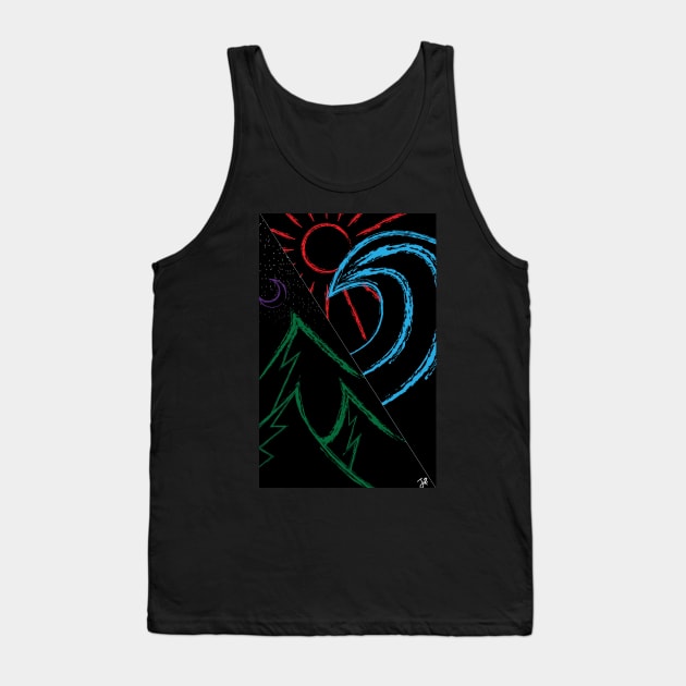 mountains at night on one side, the sunny beach with surf on the other coloured lines Tank Top by JDP Designs